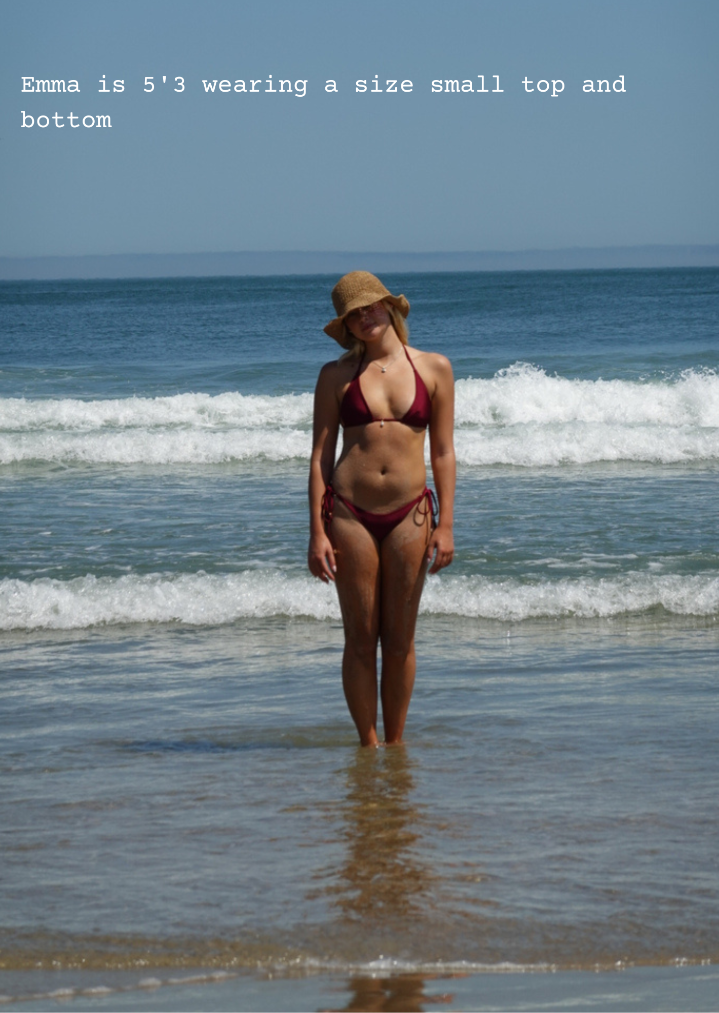Woman in a bikini standing in the ocean with text about height and clothing size.